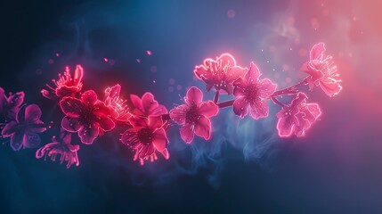 Branch with sakura flowers, abstract neon background. - obrazy, fototapety, plakaty