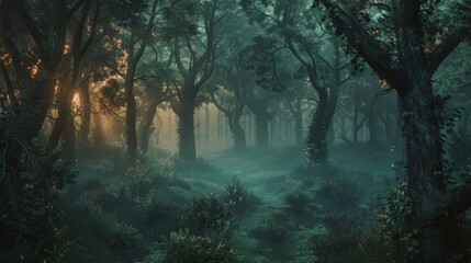 Fantasy Forests Cinematic shots of enchanted forests and magical woodlands evoking the sense of wonder and adventure found in fairy tales  AI generated illustration - obrazy, fototapety, plakaty