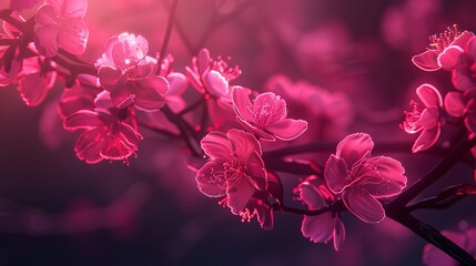 Branch with sakura flowers, abstract neon background.