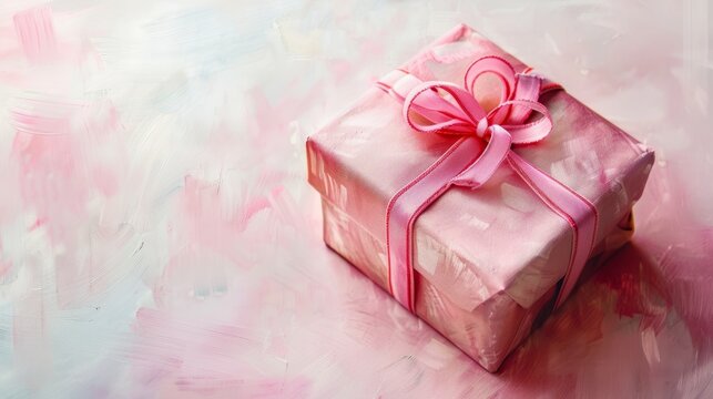 Light Pink Wrapped Cute Present Box in Painting Style Generative AI