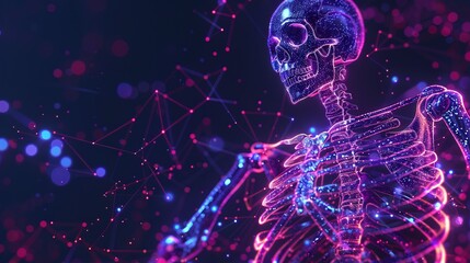 Human skeleton, abstract neon background.