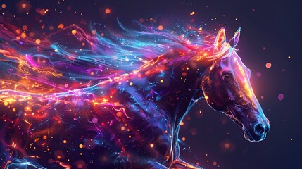Running horse, abstract neon background.