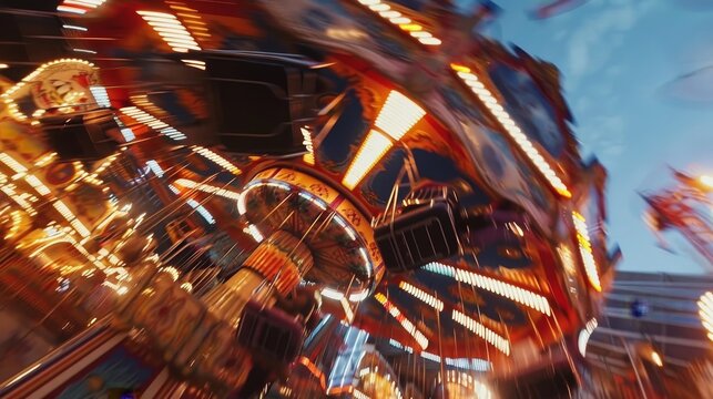 FastMoving Carnival Rides Cinematic shots of carnival rides in motion capturing the rapid spinning swirling and tilting v styl  AI generated illustration