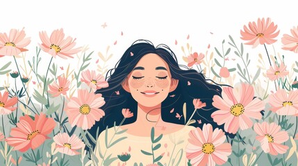 Obraz na płótnie Canvas Woman Smiling in Pink Flower-Filled Nature Scene with Light Generative AI
