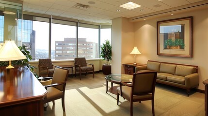 Financial Firm Office A professional office space for a financial firm with ample natural light and sophisticated decor conveying stability and t AI generated illustration