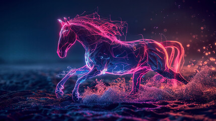 Running horse, abstract neon background. - obrazy, fototapety, plakaty