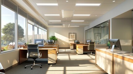 Financial Planning Firm Workspace A financial planning firm workspace with natural light fostering a bright and productive atmosphere for advisors  AI generated illustration - obrazy, fototapety, plakaty