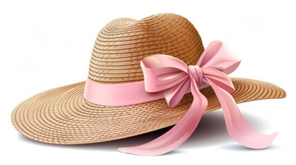 Charming Women's Straw Hat with Light Pink Ribbon Illustration Generative AI