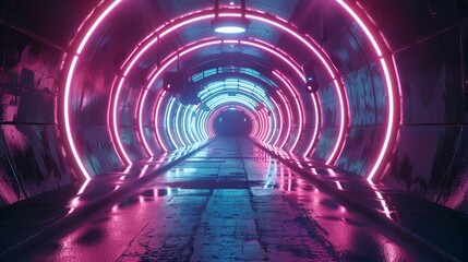 Dynamic light neon tunnel, abstract neon background. - obrazy, fototapety, plakaty