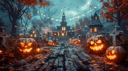 Halloween Scene With Pumpkins and Lights - obrazy, fototapety, plakaty