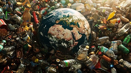 Fototapeta premium Earth globe in trash dump