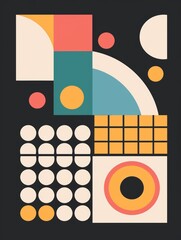 retro futuristic vertical poster in Y2K style made in minimalistic style on black background with geometric shapes and dots, retro color palette