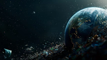 Deurstickers Volle maan en bomen  Earth globe in trash dump