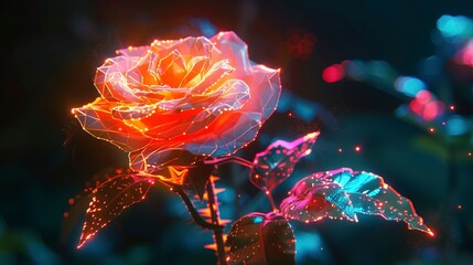 Magic rose, neon flower, abstract neon background.