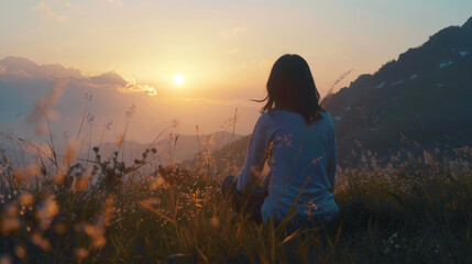 A woman sitting and watching the sunset in the mountains.