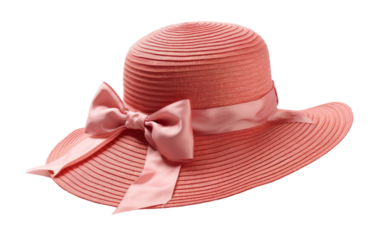 A pink hat with a delicate bow on top, adding a whimsical touch to any outfit
