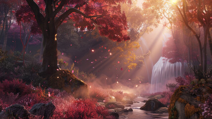 Early morning sunlight rays through an Autumn forest with a waterfall. 