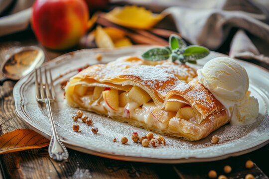 Apple strudel with ice cream on wooden background homemade with a toned picture