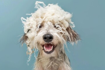 Dog wearing its own undercoat wig smiling on blue background Shedding