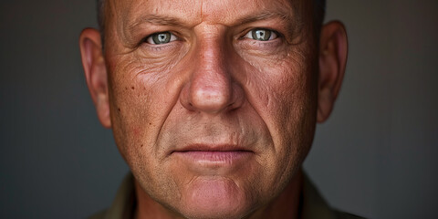 Close up of a middle aged man with wrinkles. Studio photography of a serious man in his 50s