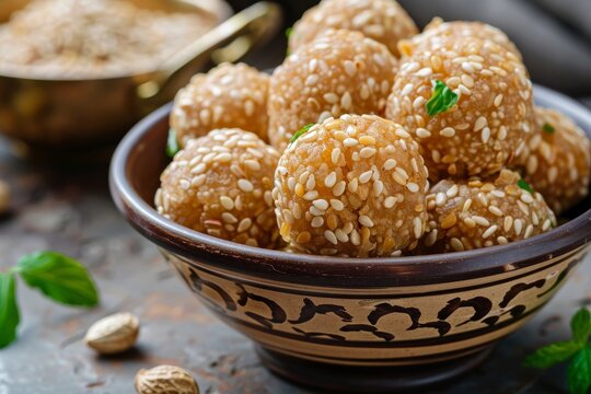 Healthy Til Gul balls for Makar Sankranti made with sesame peanuts and jaggery served in a bowl with selective focus