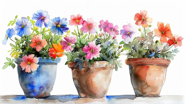 Watercolor Indoor Flower Pot Arrangement on White Background Generative AI