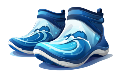 A pair of blue and white shoes adorned with intricate wave patterns