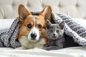 Corgi and kitten snuggle under blanket on bed at home Space for text