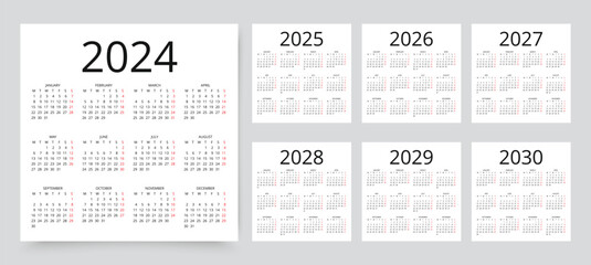 2024, 2025, 2026, 2027, 2028, 2029, 2030 calendars. Calender templates. Week starts Monday.