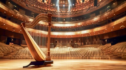 Elegance in Strings: Harp in Concert Hall. Generative ai - obrazy, fototapety, plakaty