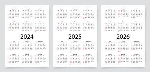 2024, 2025 and 2026 calendars. Calender template with 12 month. Vector illustration.