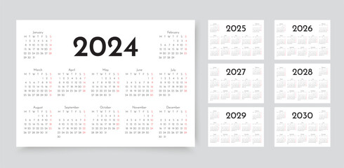 2024, 2025, 2026, 2027, 2028, 2029, 20230 years calendar. Week starts Monday. Pocket wall calendars - obrazy, fototapety, plakaty