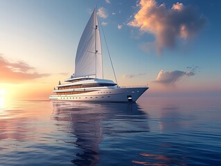 A large white boat sails on the ocean with a beautiful sunset in the background