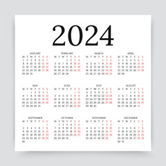 Calendar 2024. Yearly calender organizer. Week starts Monday. Grid template. Square layout calendar