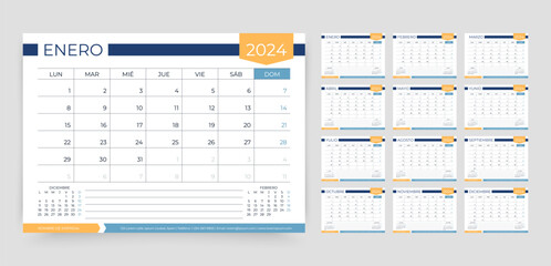 Spanish calendar 2024 year. Planner calender template. Vector illustration.