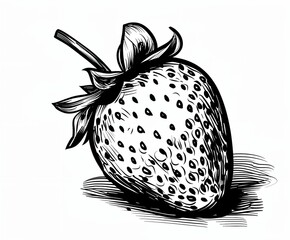 A strawberry with a black and white drawing of it