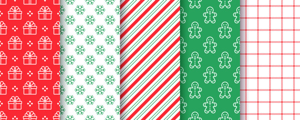Christmas backgrounds. Seamless pattern. Set packing paper. Collection Red green festive textures.