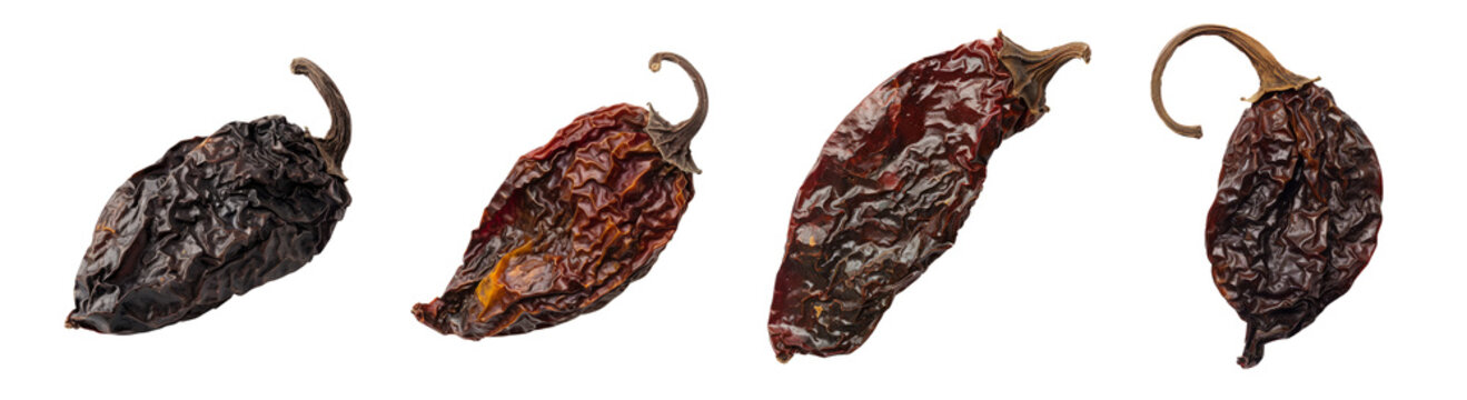 Collection of dried chipotle pepper cutout clipping path png isolated on white or transparent background
