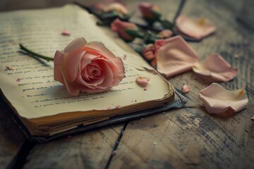 A rose is on top of a book with a few petals scattered around it