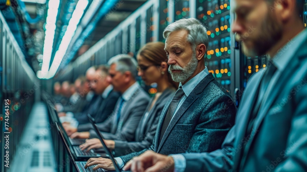 Wall mural team of it specialists working on laptops in a modern data center. generative ai