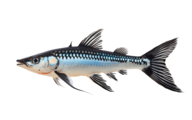 A beautiful blue and black fish gracefully swims on a pristine white background