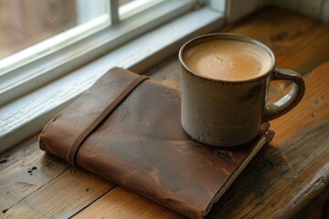 Alone with my Thoughts: Blank Leather Journal and Hot Coffee for Early Morning Writing and Diary Keeping - obrazy, fototapety, plakaty