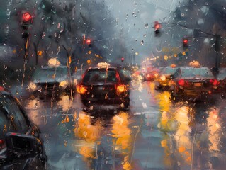 A painting of a busy city street with rain and taxi cabs