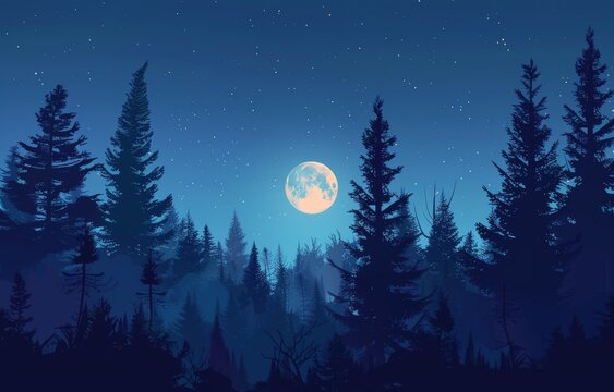 Night Forest Animation: Pine Trees Silhouette against Starry Sky Generative AI