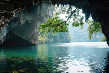 Beauty of a Karst Grotto. Beautiful View of Bright Cave Branches with Copy Space