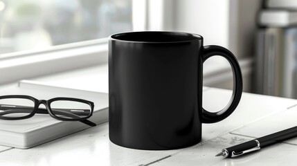 Black Coffee Mug Mockup with Glasses and Pen on a Cafe Table Background  - obrazy, fototapety, plakaty