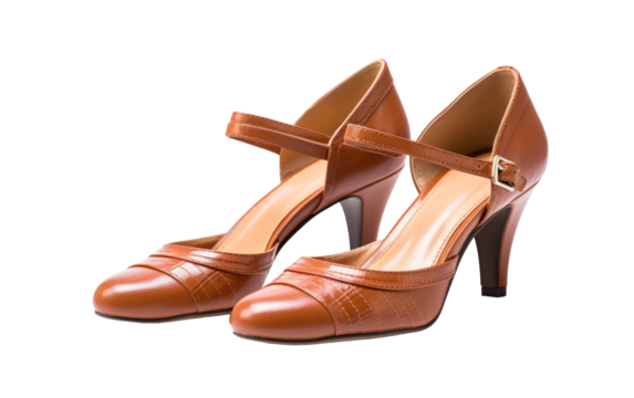A pair of elegant brown high heeled shoes placed gracefully on a white background