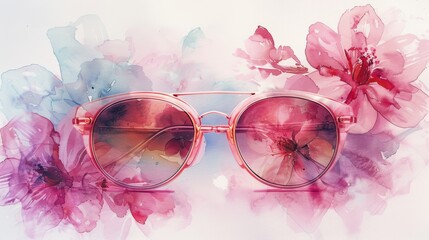 Pink Floral Sunglasses in Watercolor on White Background Generative AI
