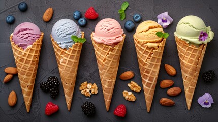 A row of ice cream cones with different flavors