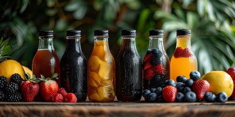 A row of six bottles of different colored drinks, including black, orange
